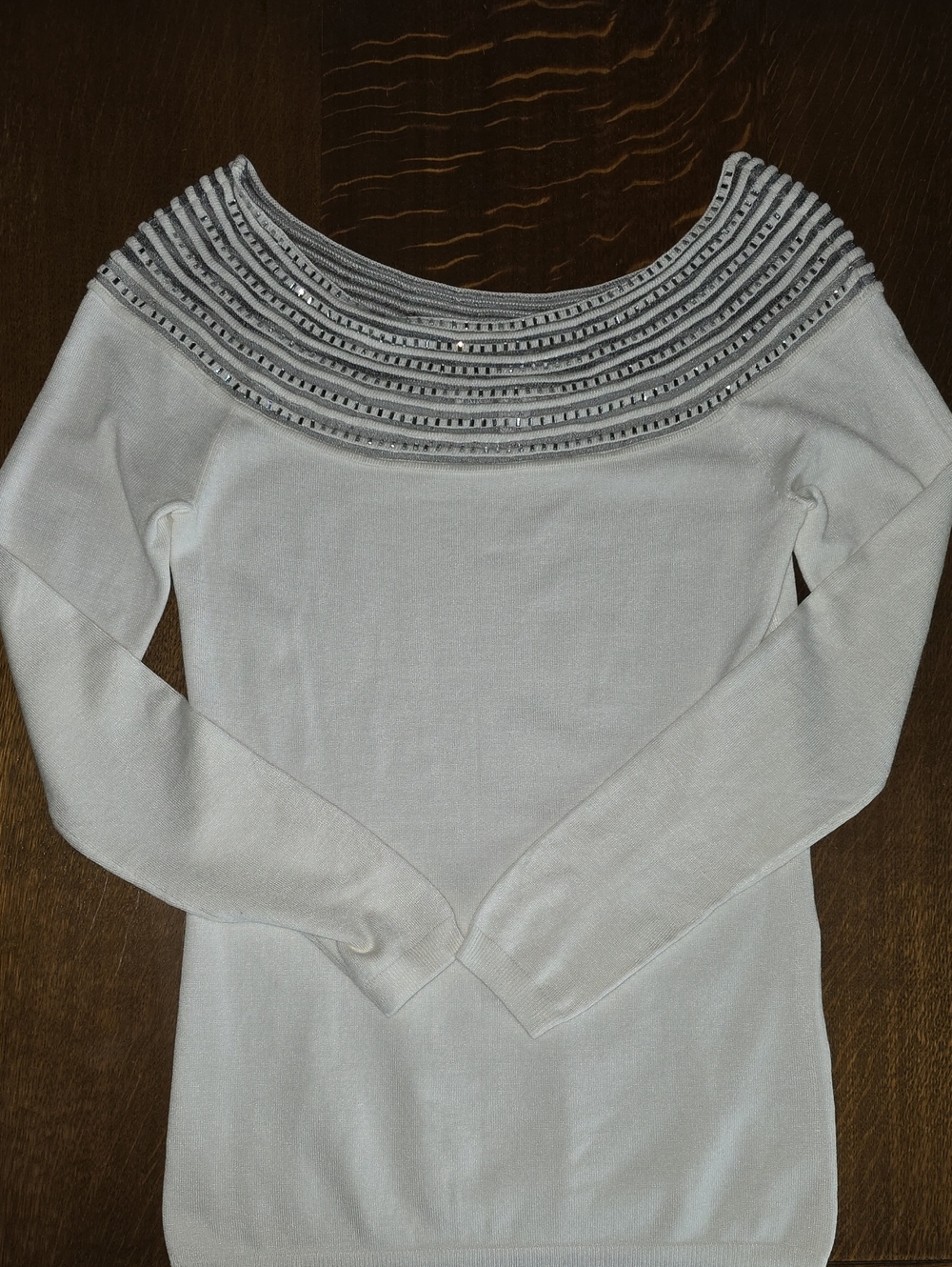 Boston Proper Cream Off-the-Shoulder Sweater with Embellished Yoke